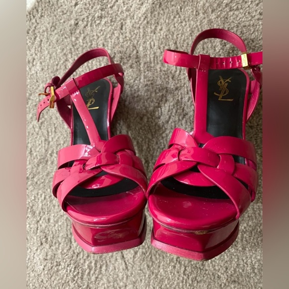 YSL Saint Laurent Hot Pink Magenta Patent Tribute T-Strap Platform Sandals $995! - Picture 6 of 12